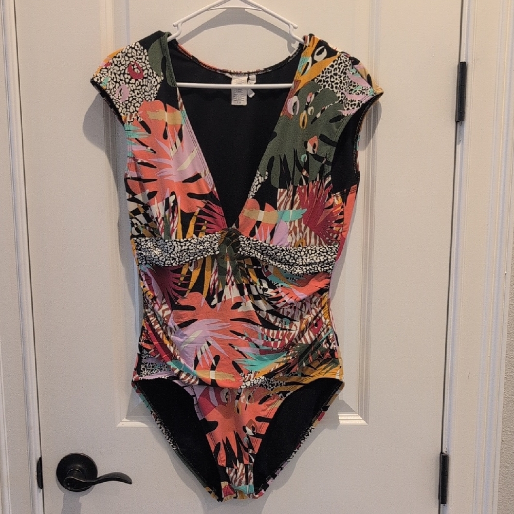 Bleu Rod Beattie Girls Tropical Print One-Piece Swimsuit in Coral, Green & Black